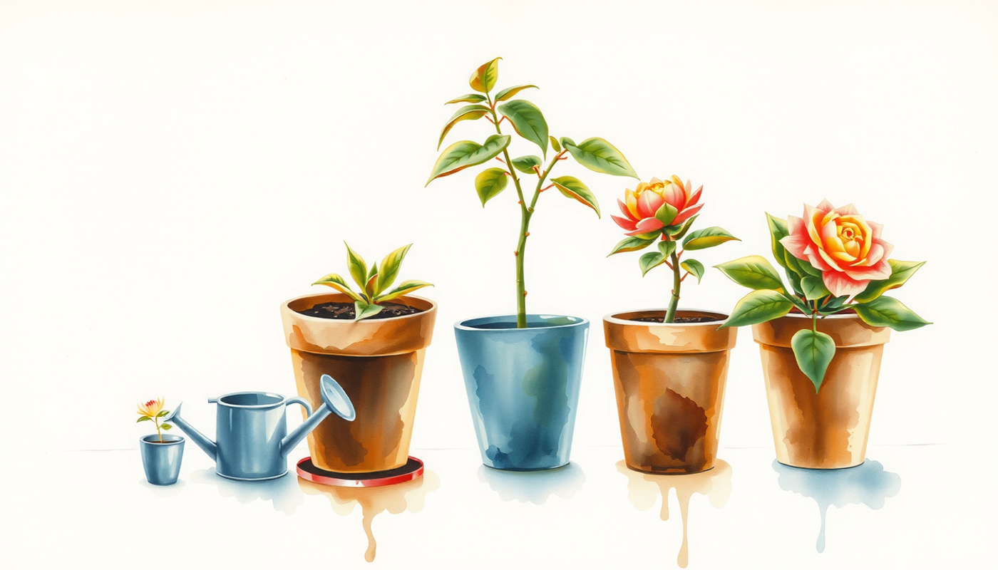 Four plant pots on a windowsill showcasing growth stages with watering cans.