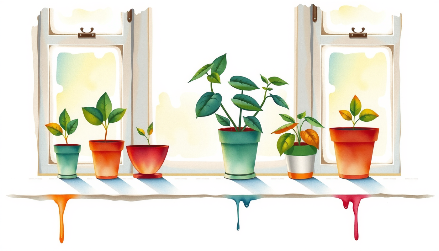 Identical small plants in pots showing growth stages on a sunlit windowsill.