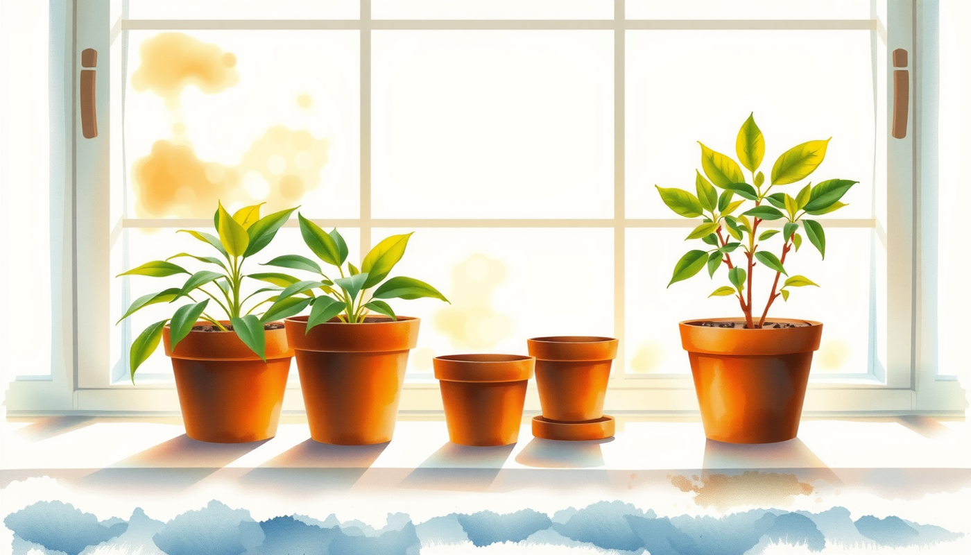 Potted plants at various growth stages on a sunlit windowsill.
