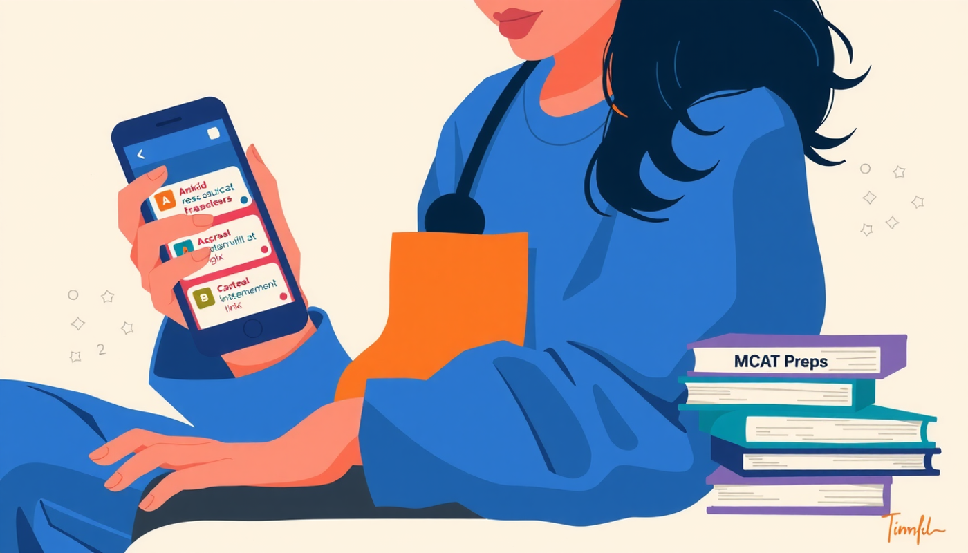 Pre-med student studying with Anki flashcards and MCAT prep books.