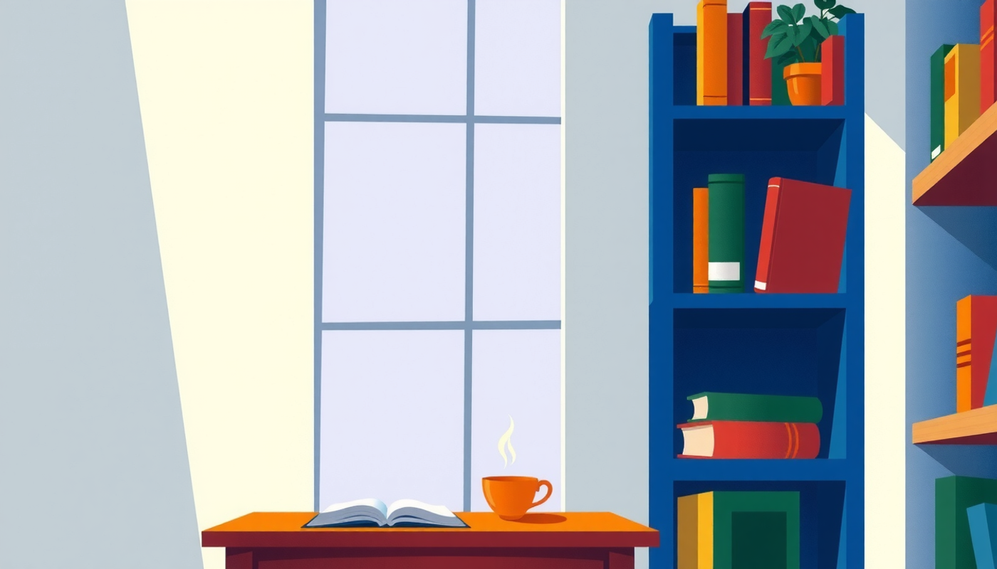 Cozy library corner with bookshelves, reading table, and tea.