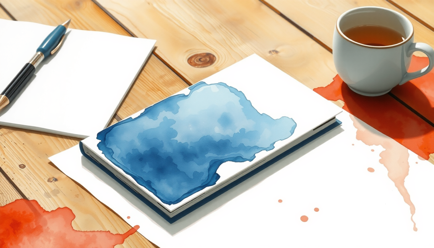 Blank notebook and cooling cup of tea in soft morning light.