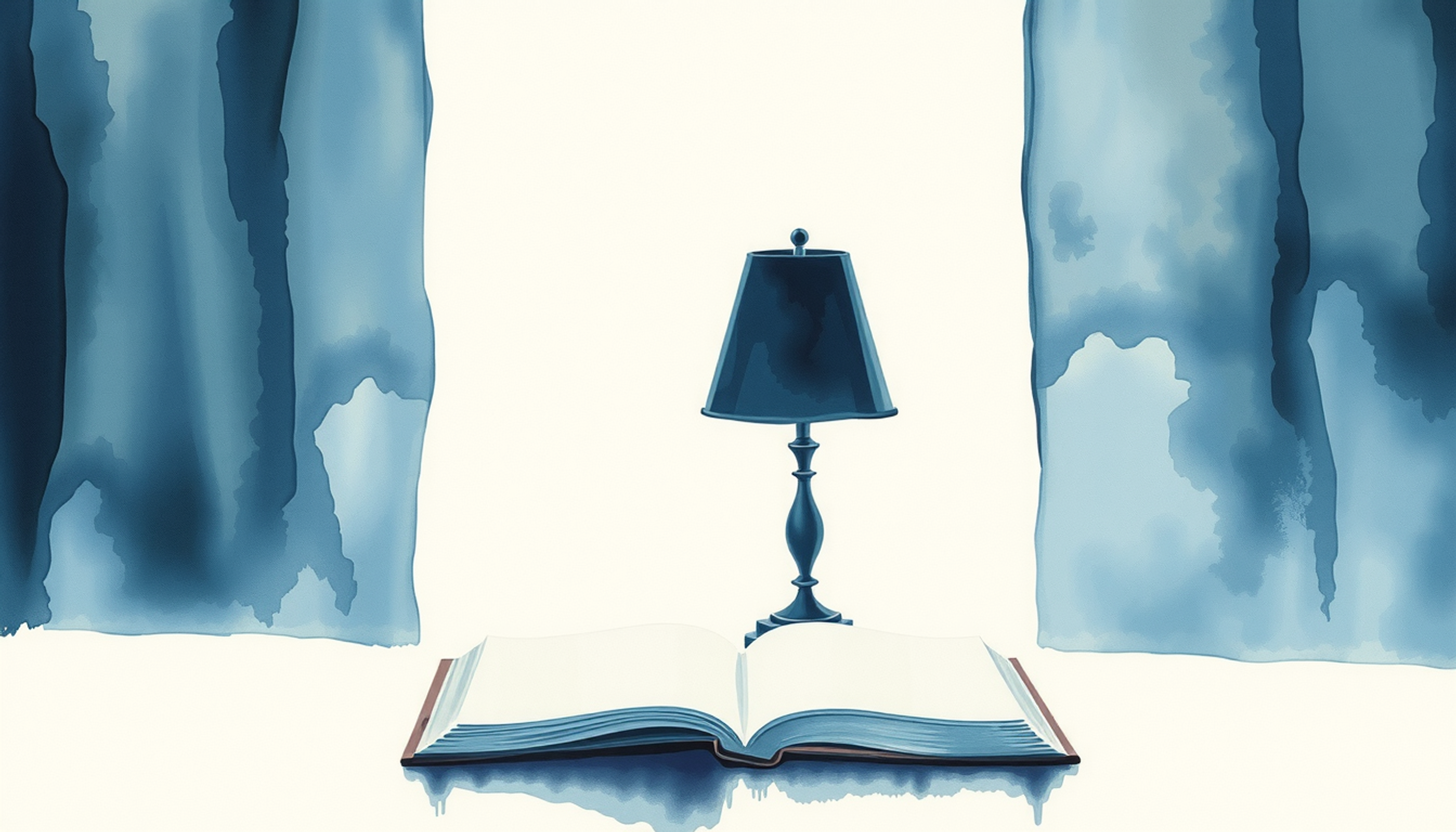 Dark bedroom window with soft blue glow, bedside table with blank book.