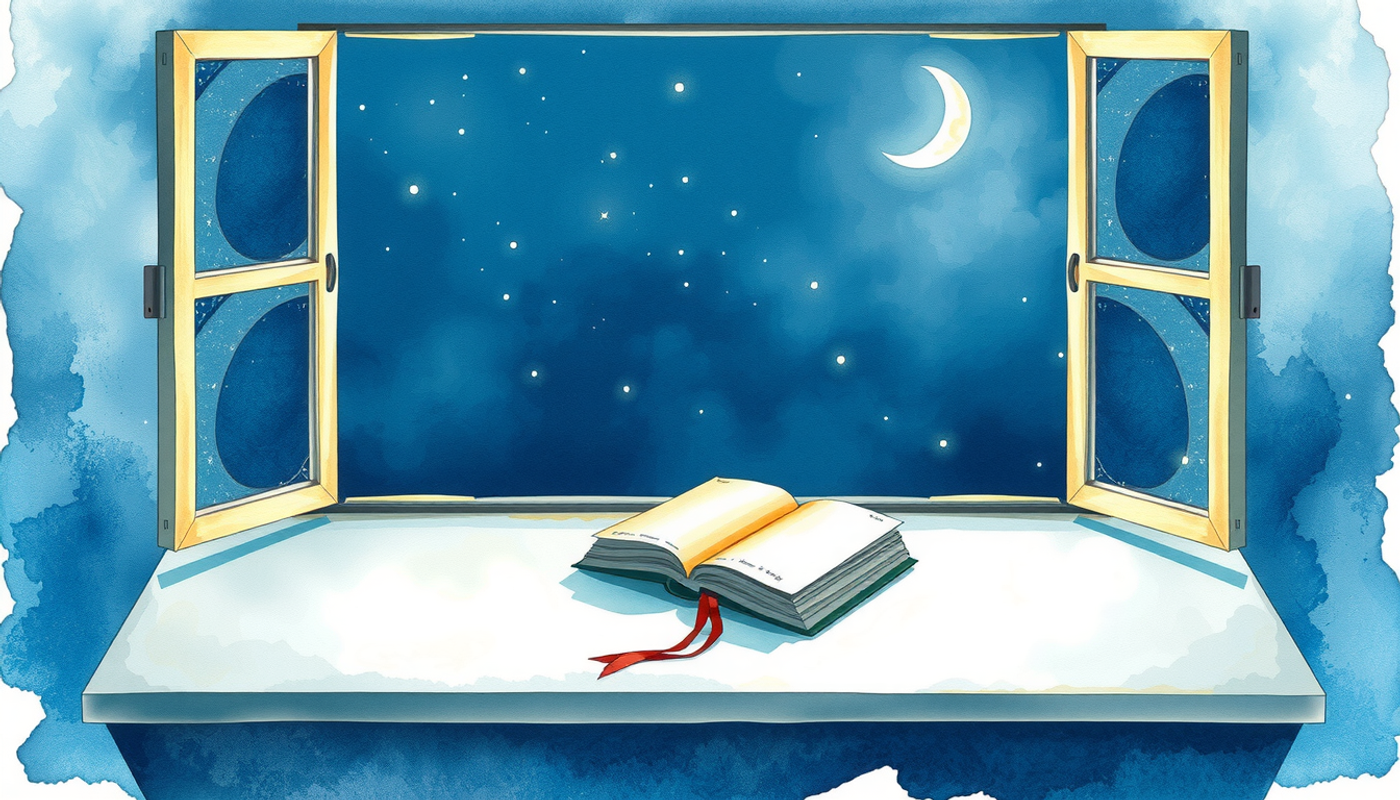 Quiet night sky with crescent moon casting light on a desk.