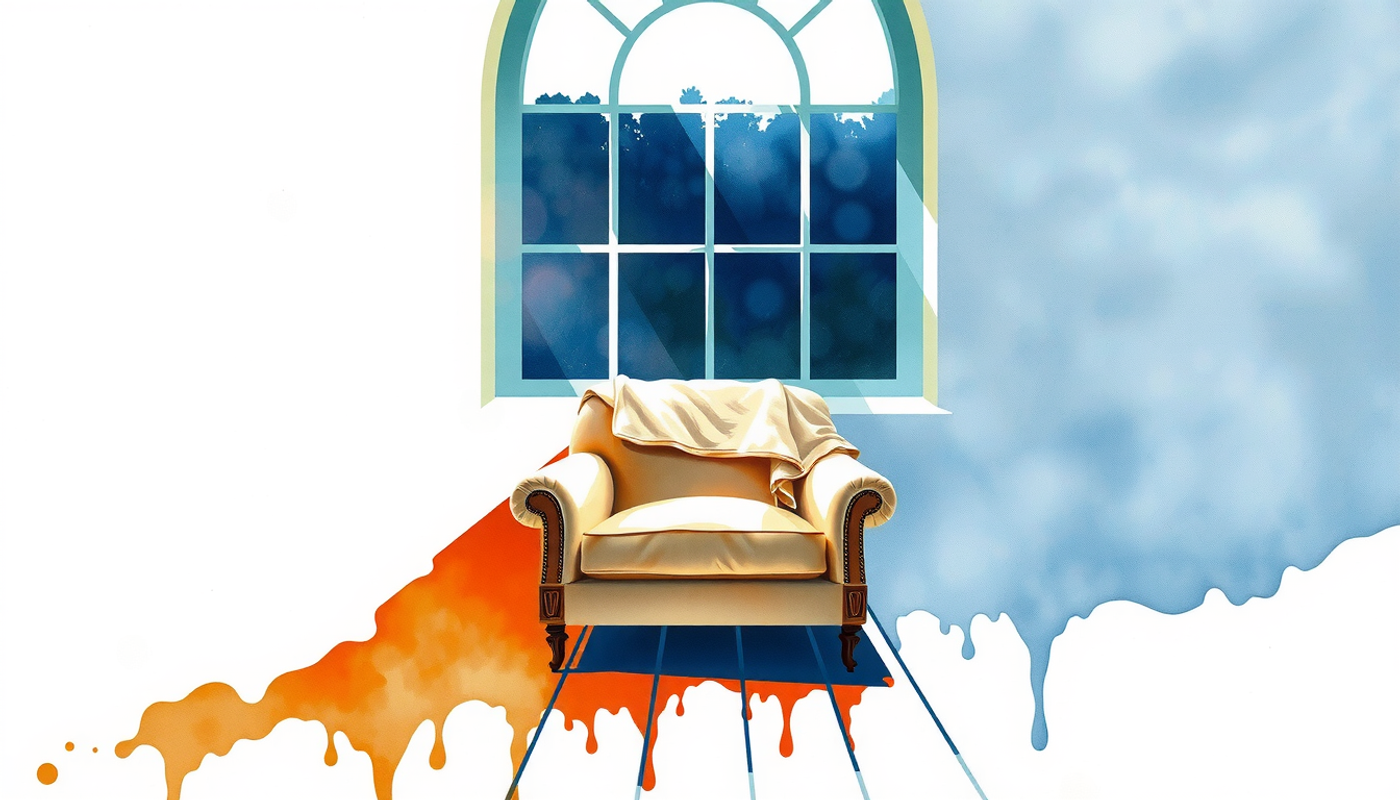 Empty upholstered chair with a blanket by a tall window.