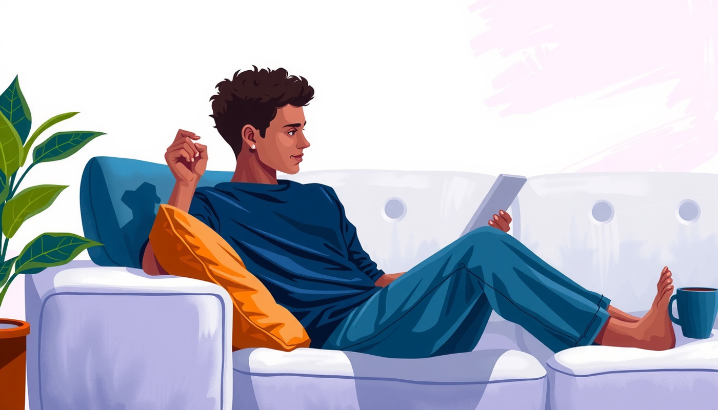 Relaxed student studying on a couch with a tablet in warm light.