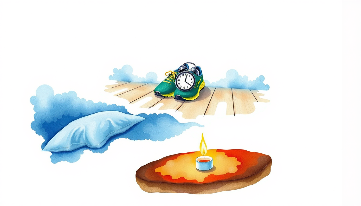 Three serene scenes: a moonlit bedroom, running shoes, and a meditation cushion.