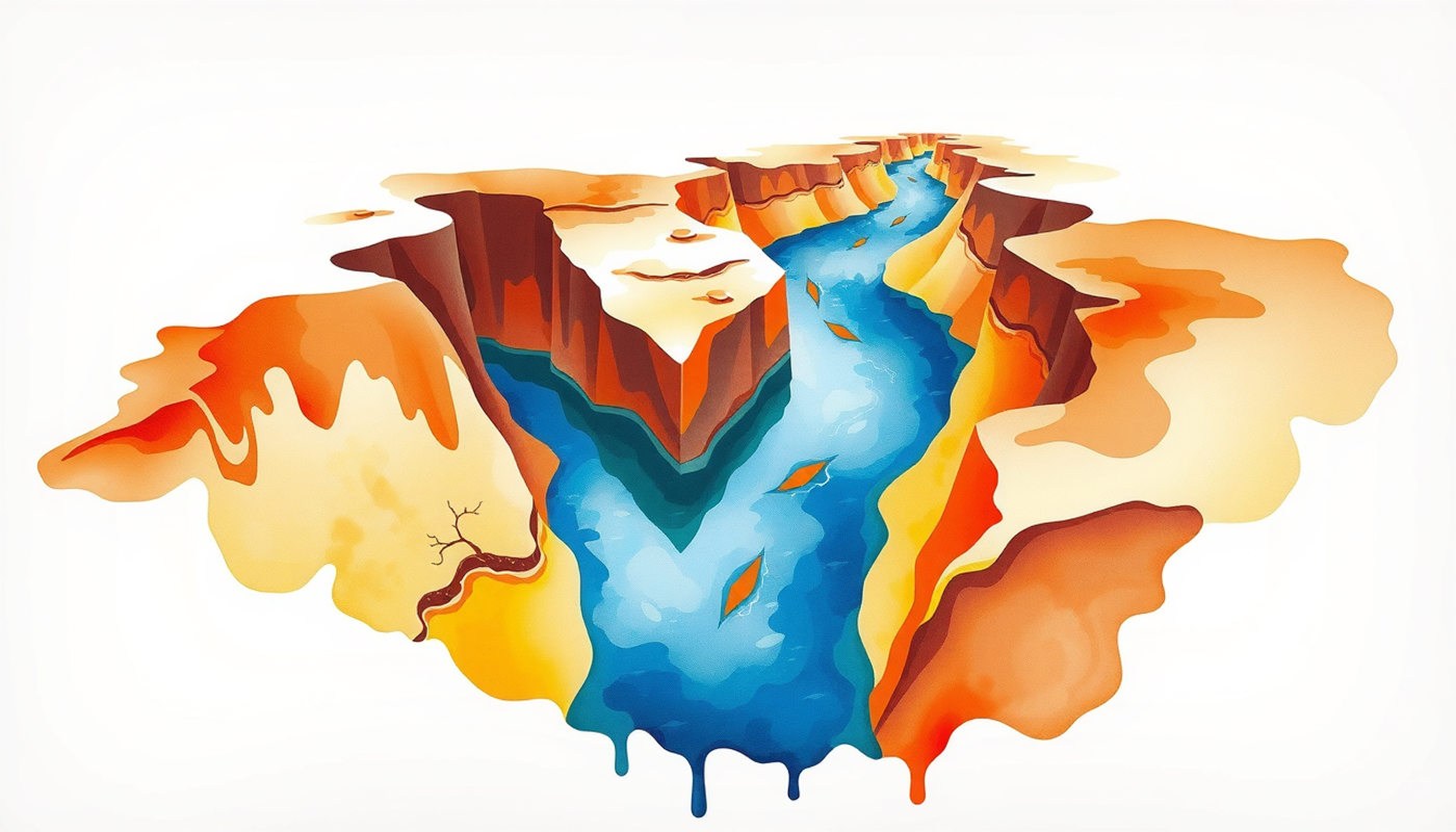 Minimalist depiction of a river carving a canyon, symbolizing daily routines and new habits.