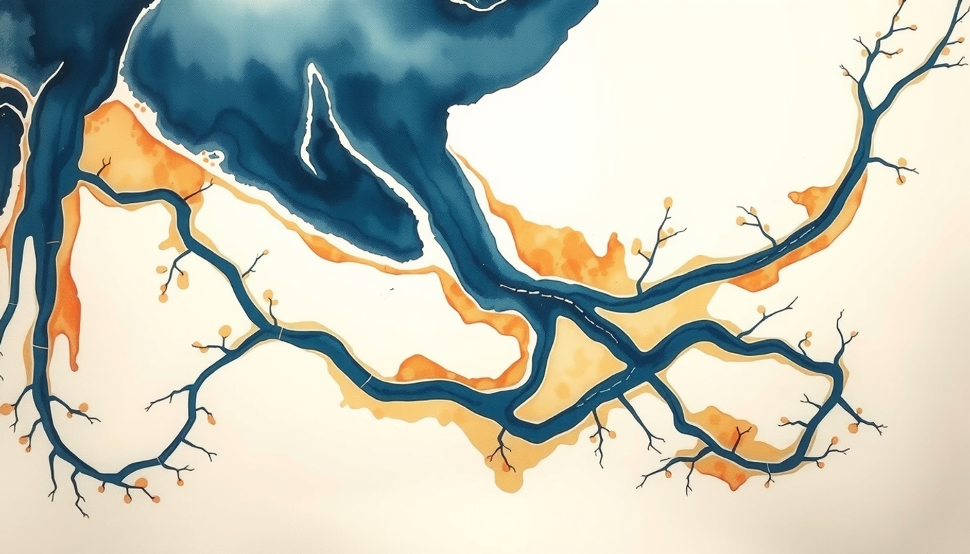 Aerial view of a river delta with intricate channels and morning light.