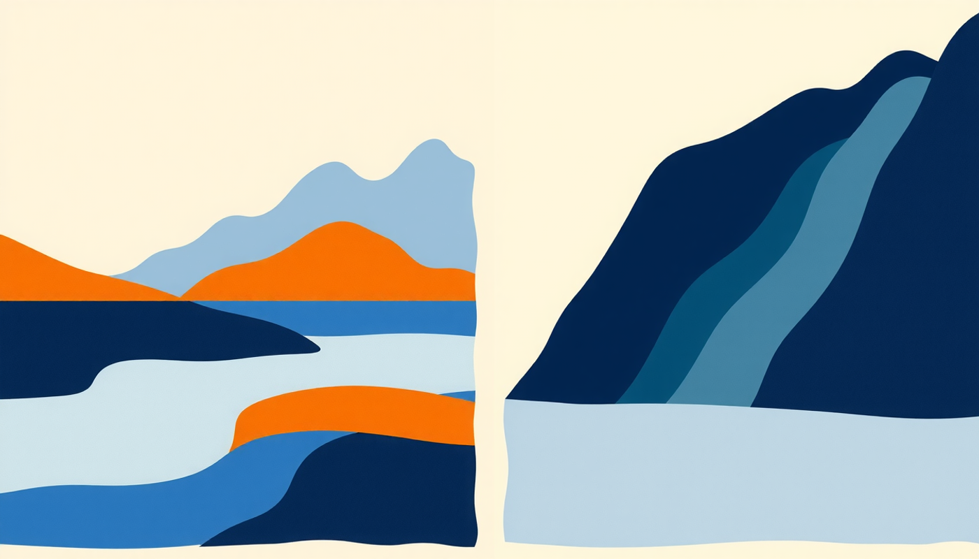 River through mountains depicted in contrasting linguistic perspectives.