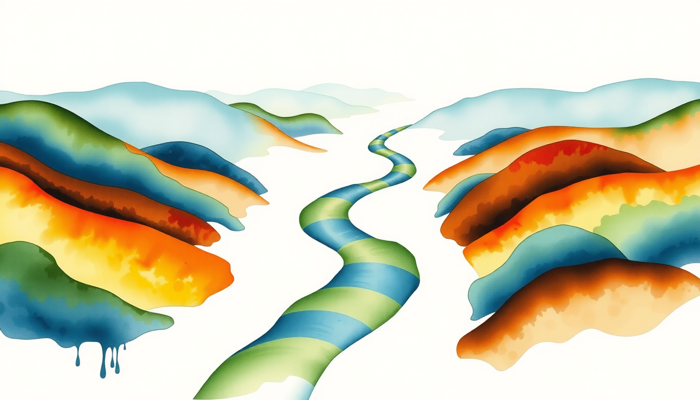 Panoramic landscape of a river merging, symbolizing language connection.