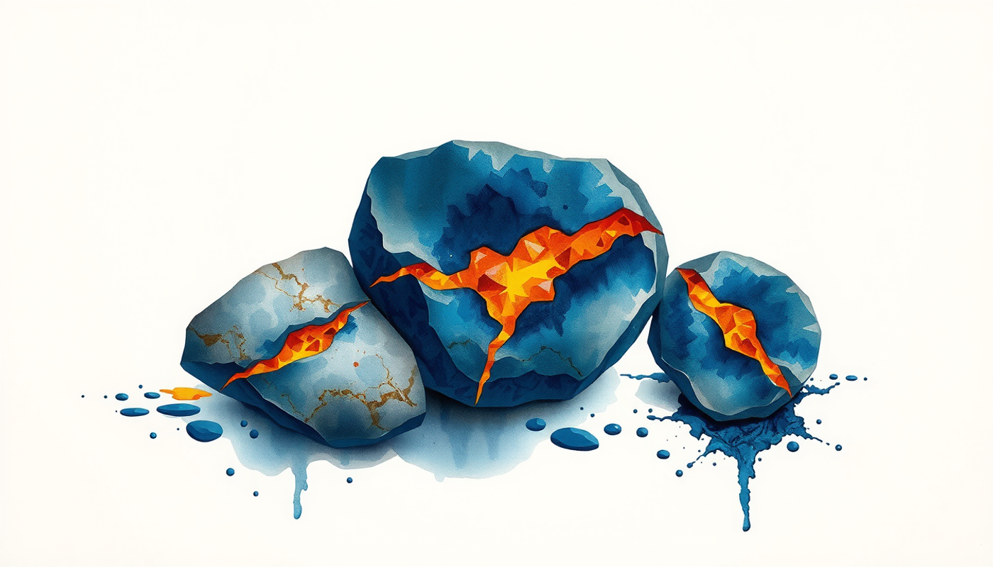 Three river stones split open, showcasing amber bands in indigo.