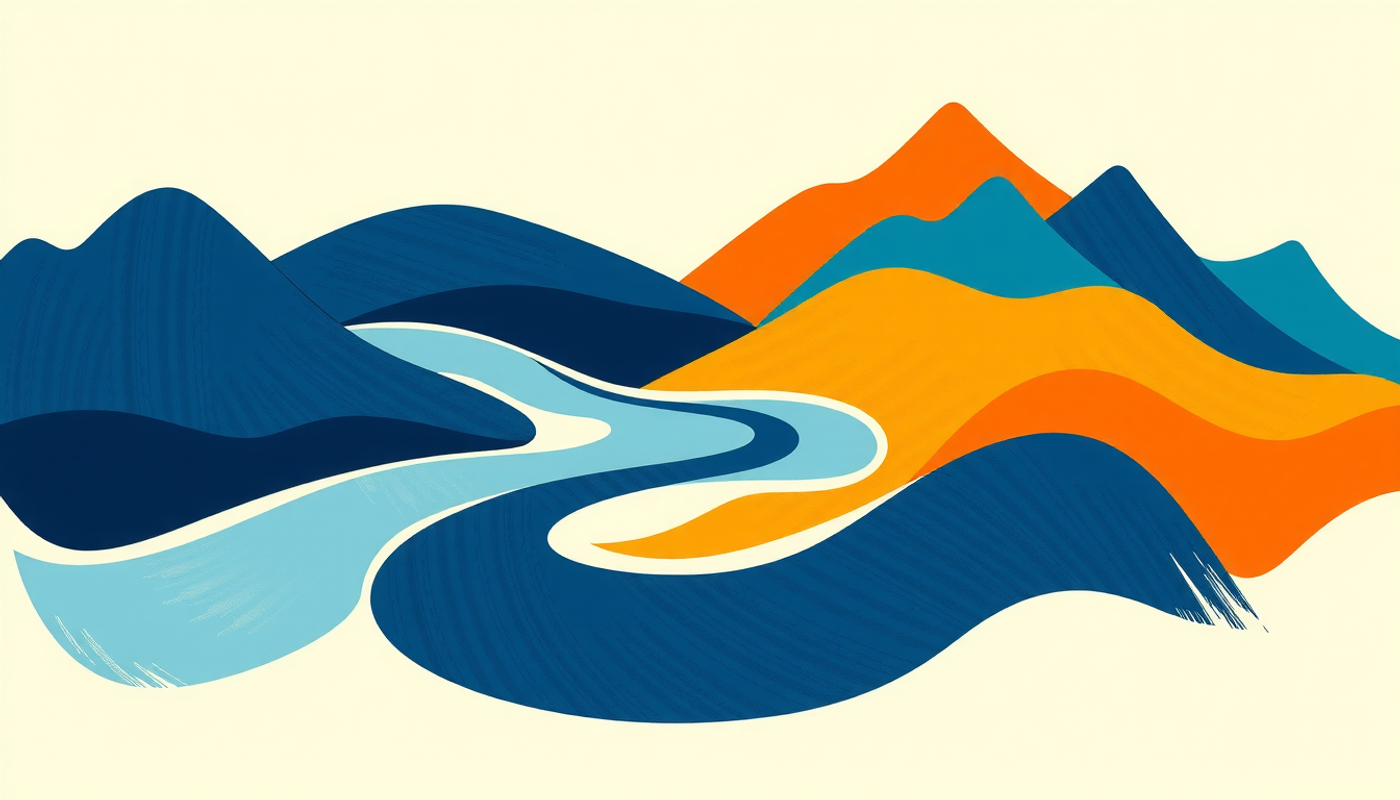 River through mountains depicted with contrasting time perspectives in geometric style.