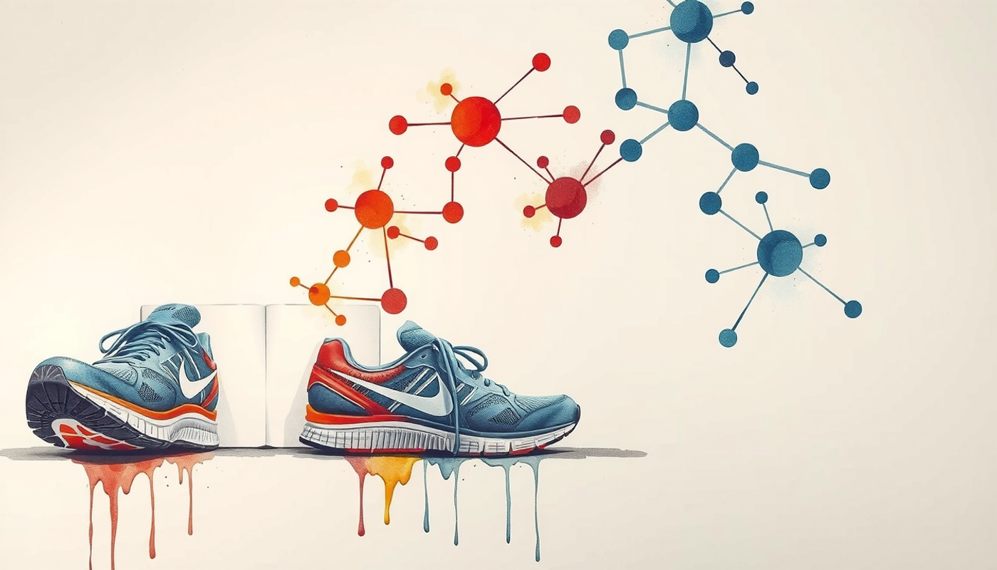 Running shoes and notebook with glowing neural connections in morning light.