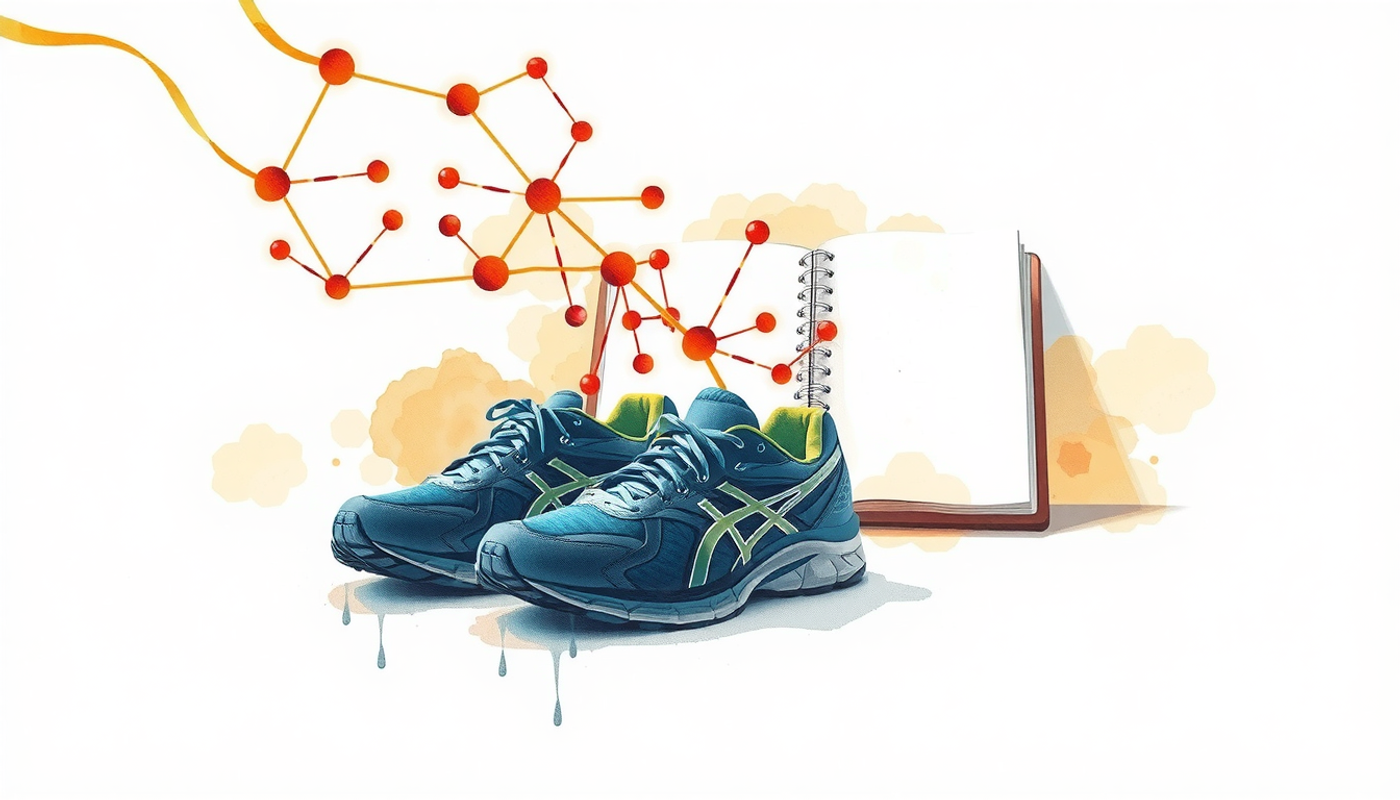 Running shoes and notebook with glowing neural connections in morning light.