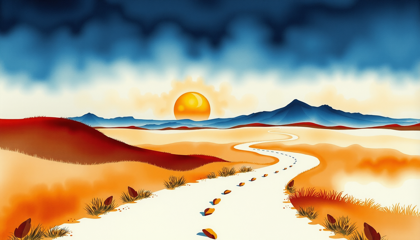 Twilight savanna landscape with glowing memory locations along a winding path.