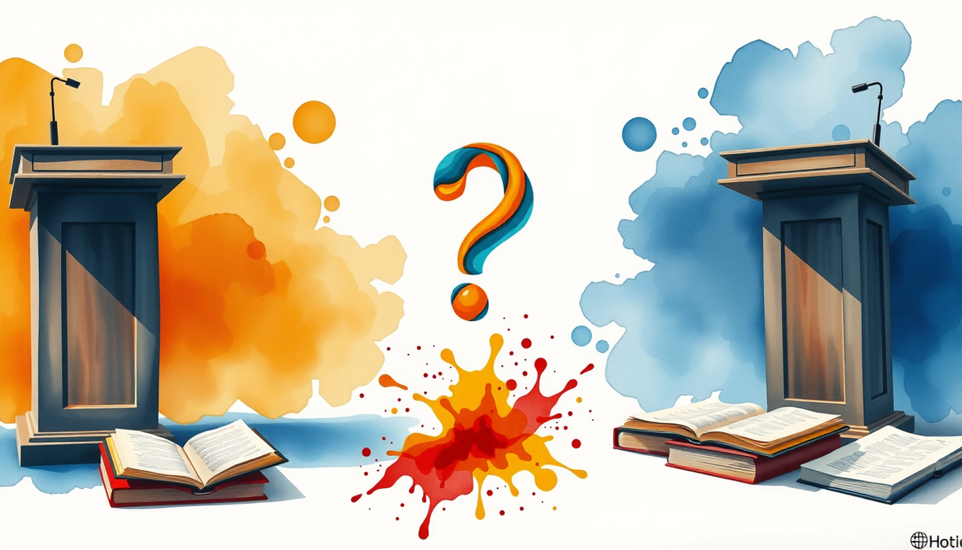 Old-fashioned debate scene with podiums, manuscripts, and dramatic lighting.