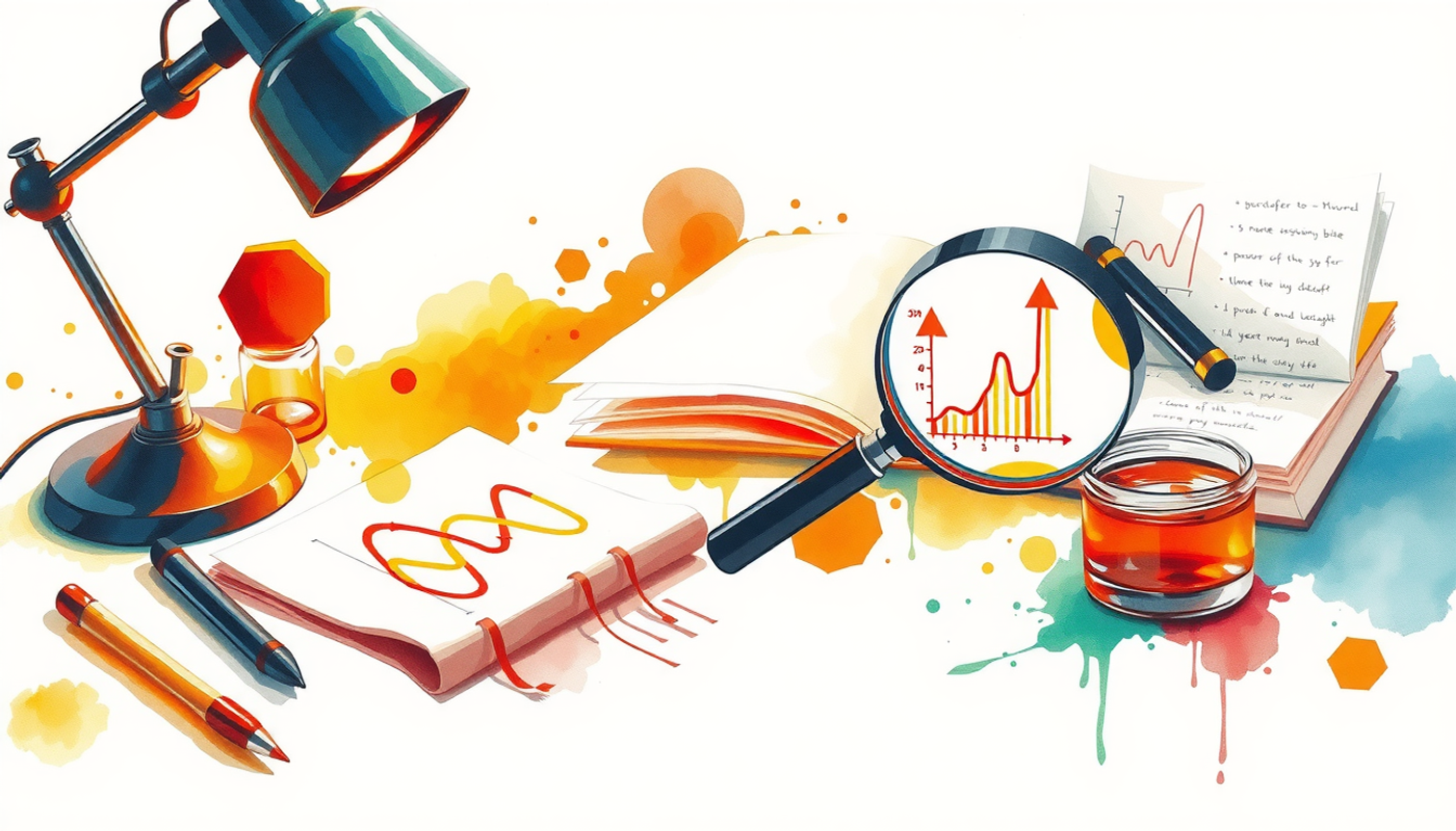 Scientific desk with magnifying glass over abstract data chart.