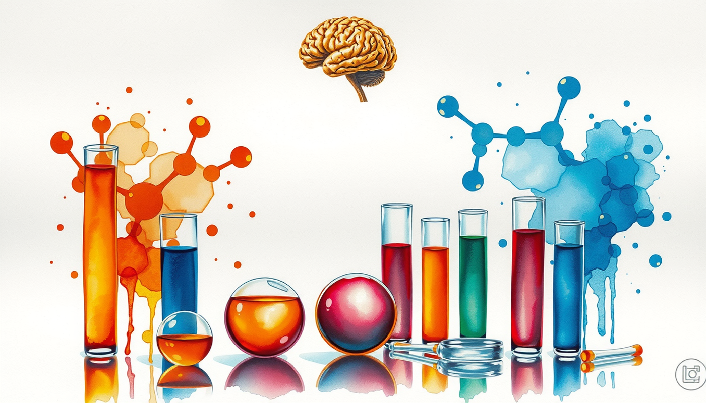 Colorful bacterial cultures in test tubes and petri dishes beneath a glowing brain model.