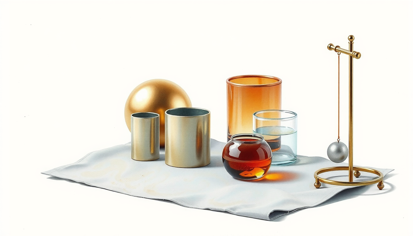 Collection of laboratory objects on grey linen: brass sphere, steel cylinders, pendulum bob.