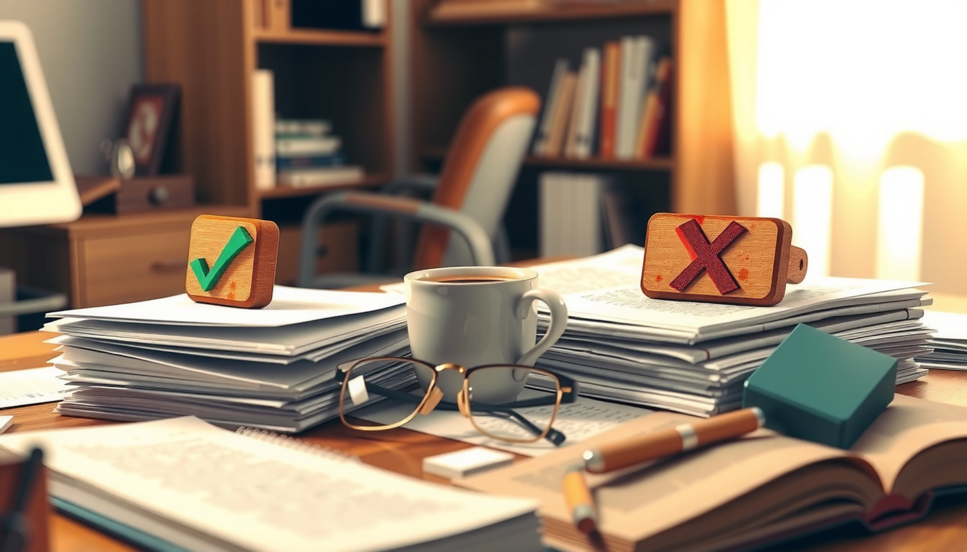 Researcher's desk with organized papers and failed replications, warm lighting.