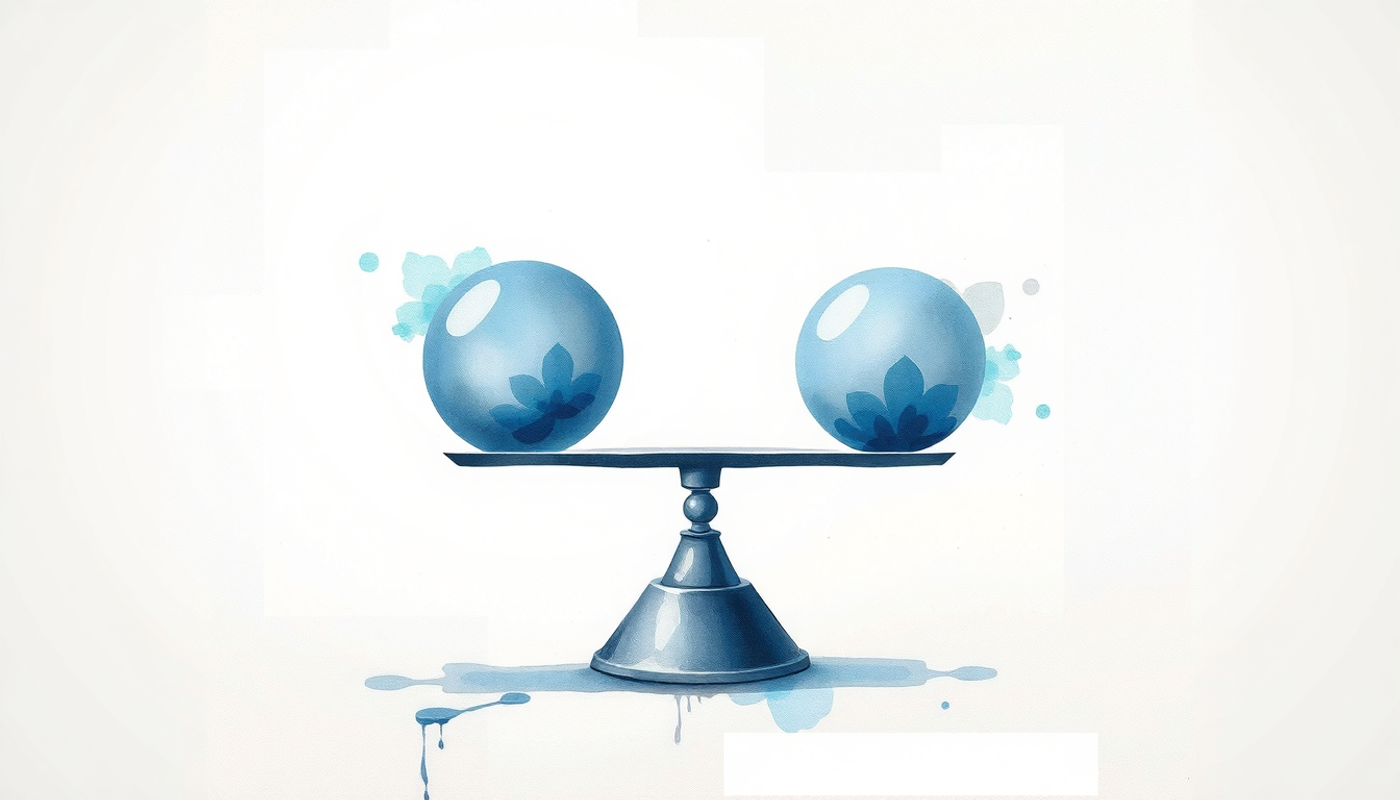Scientific scale tipping toward glowing evidence orbs, fog-like uncertainty shapes.