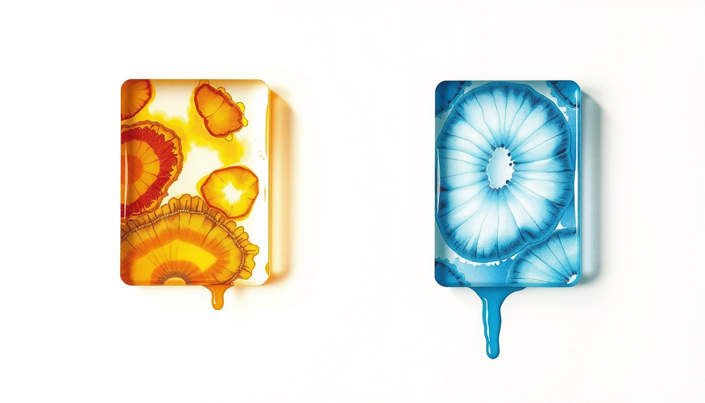 Identical glass slides with glowing brain tissue cross-sections in contrasting colors.
