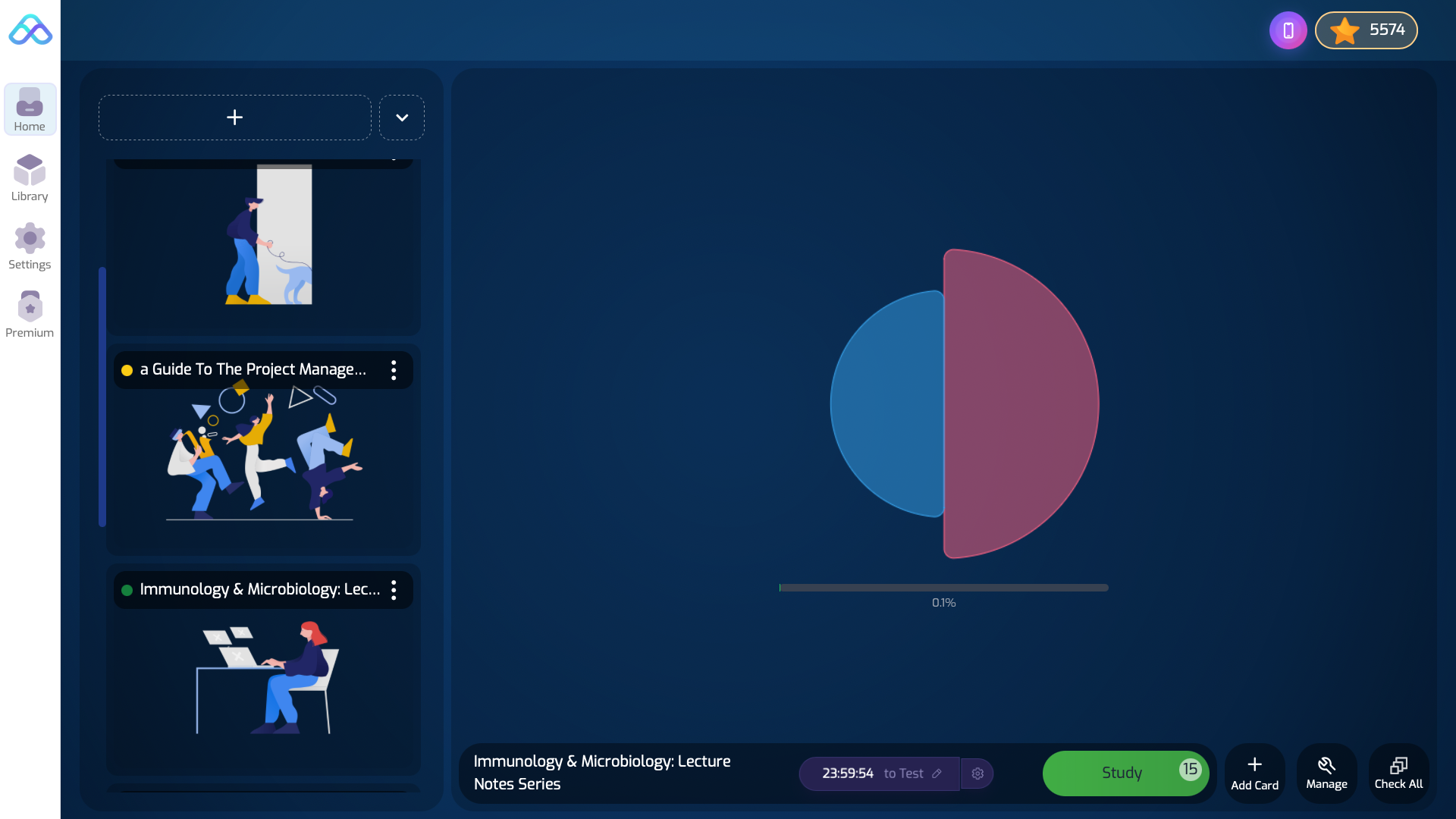 Desktop — Deck view with multiple AI-generated cards and the review timer visible
