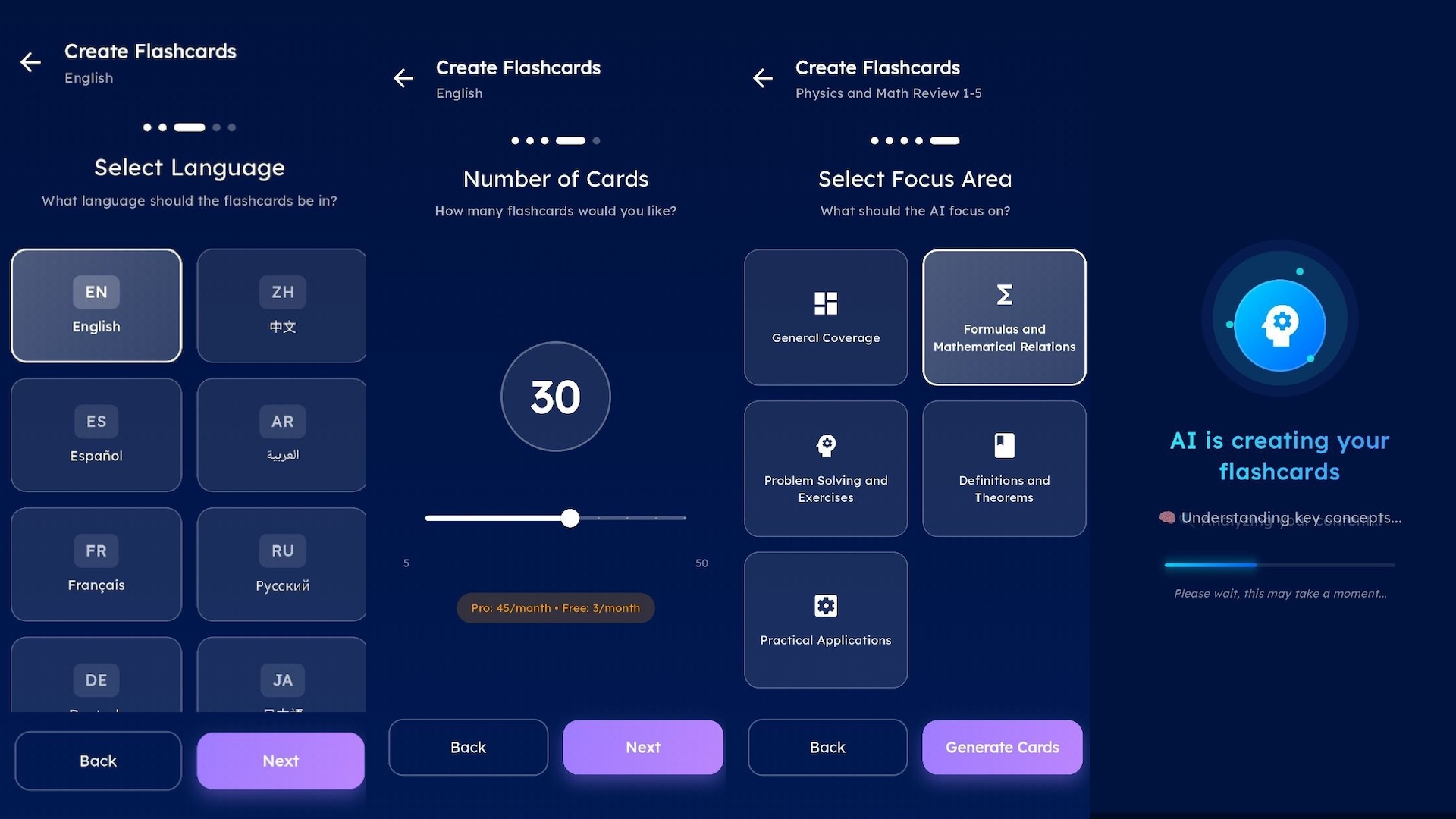 Mobile — Settings screen showing language selector, card count slider, and focus options