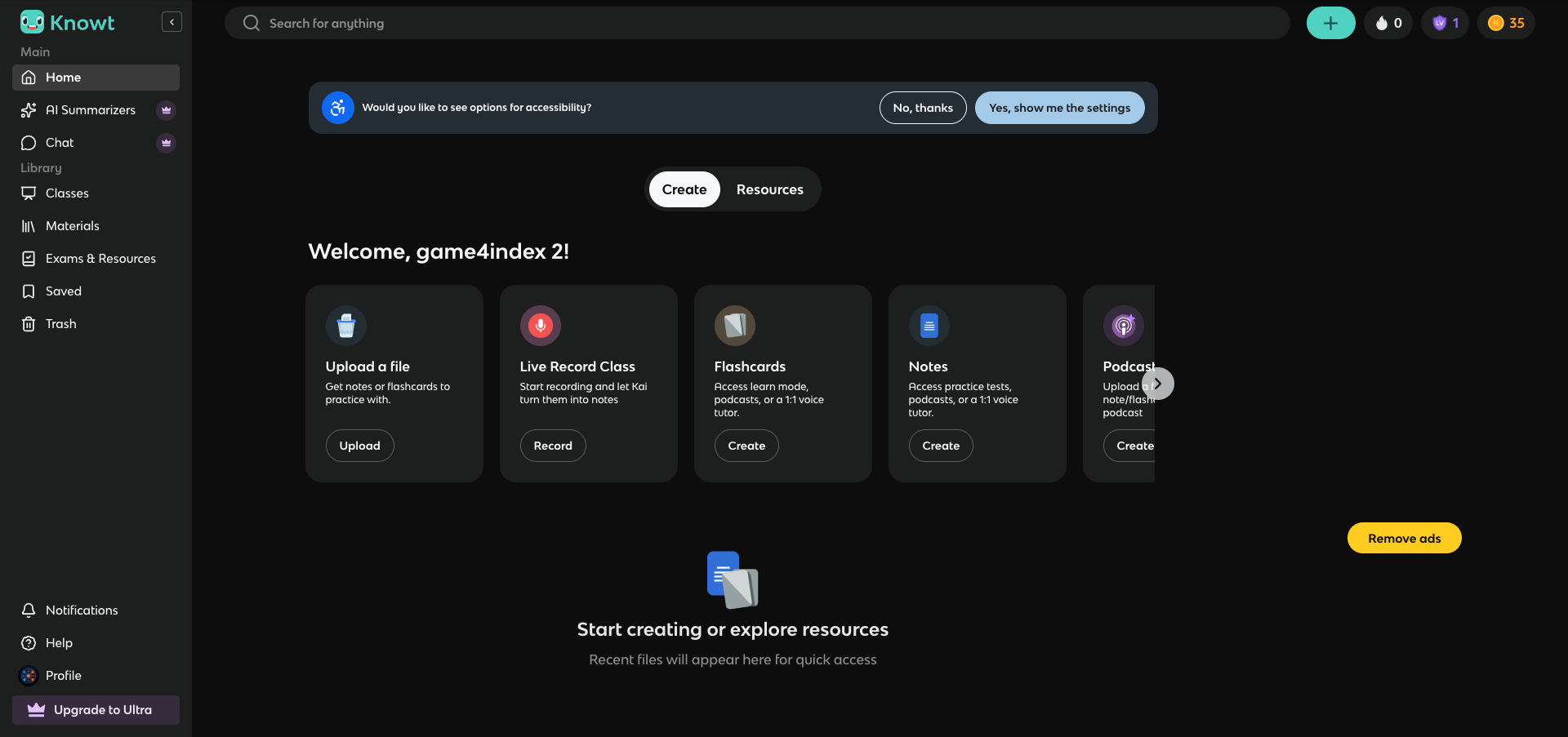 Knowt App desktop view