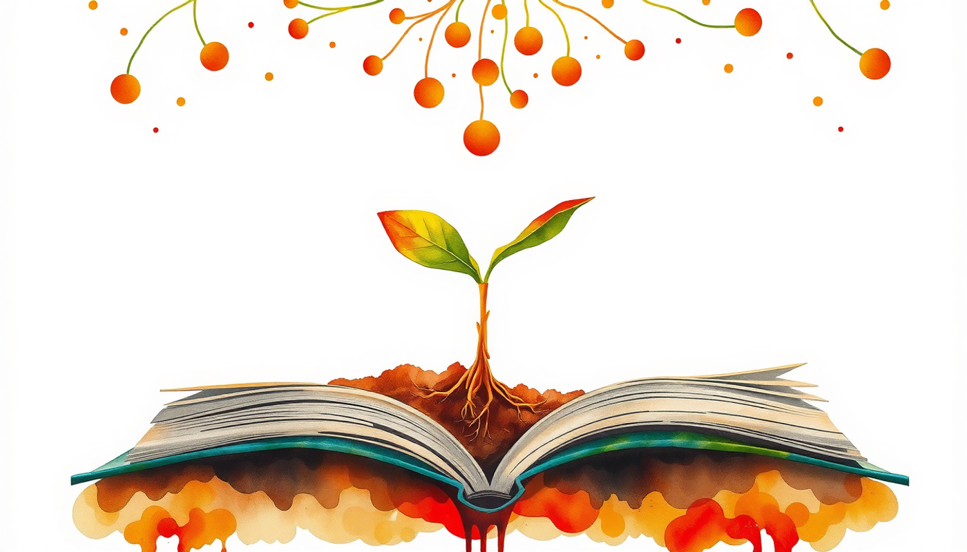 Watercolor painting of a seedling growing from a book, symbolizing memories.