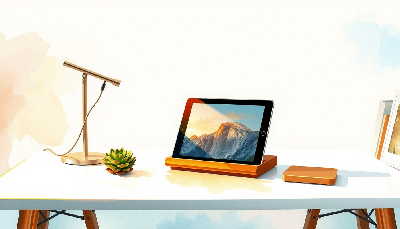 Serene study space with tablet, lamp, and succulent plant.
