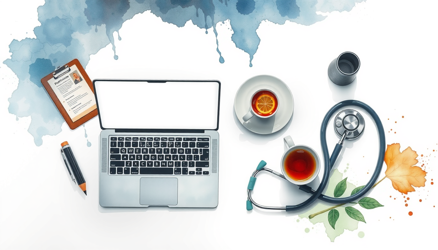 Serene medical workspace with organized desk and warm natural light.