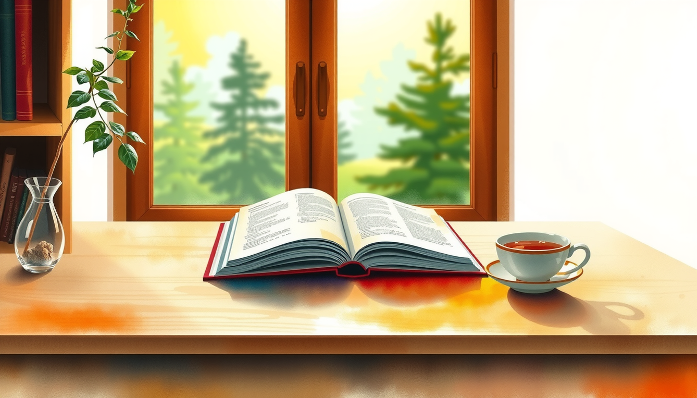 Serene minimalist study space at dawn with tea and soft light.