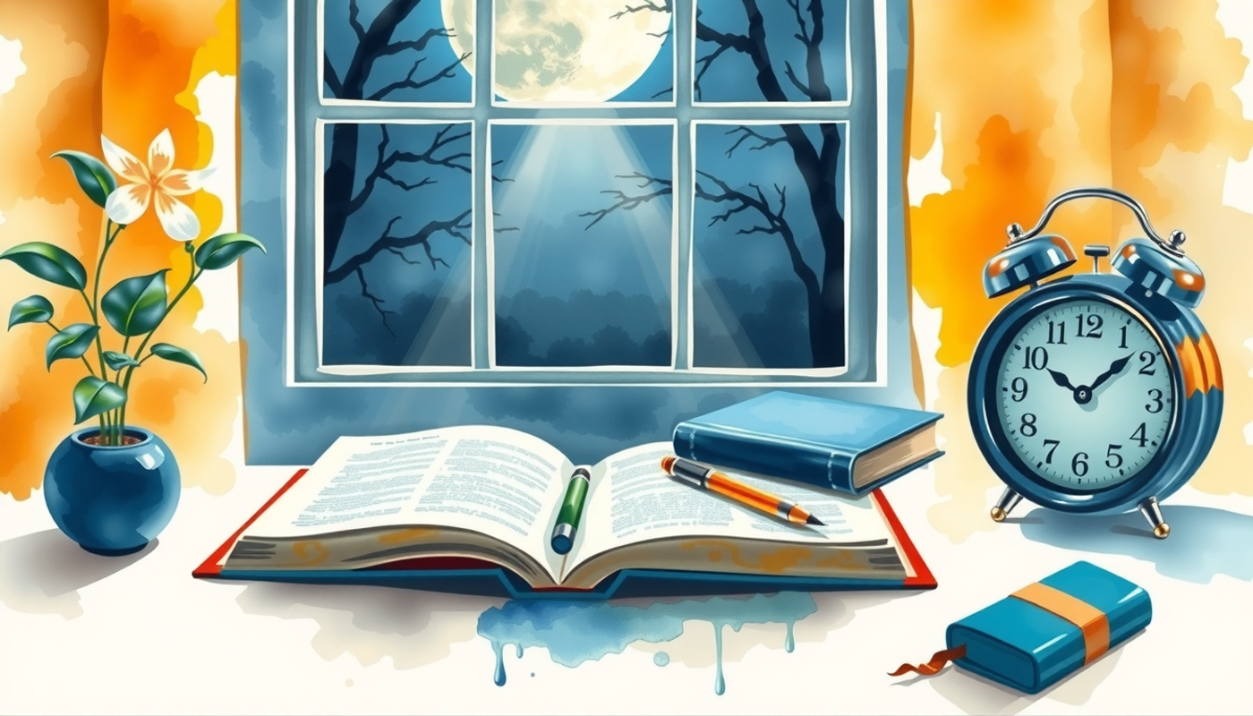 Serene desk by moonlit window, books and study plan organized.