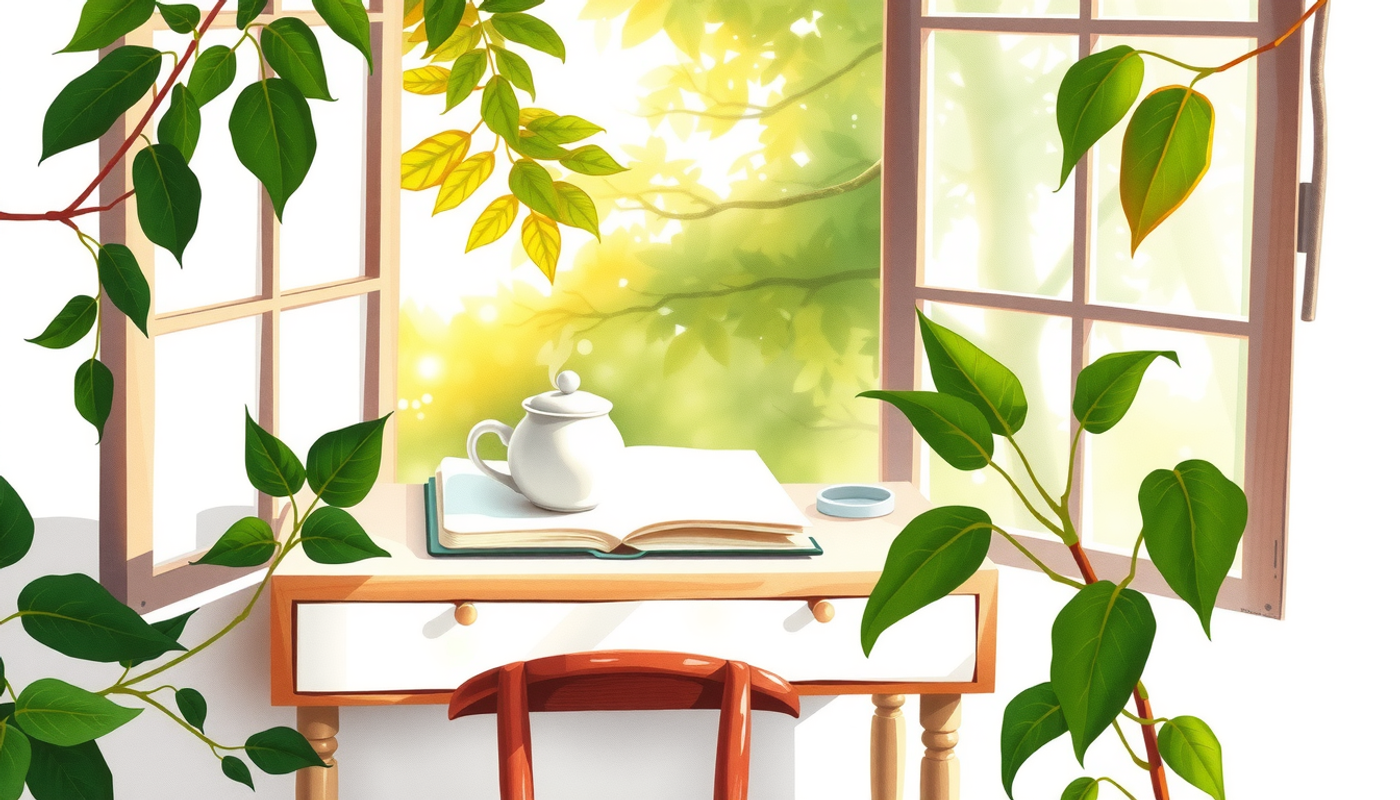Serene study corner by a window with lush forest view.