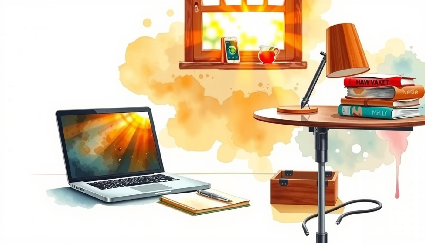 Serene study space at dawn with warm light and cozy elements.