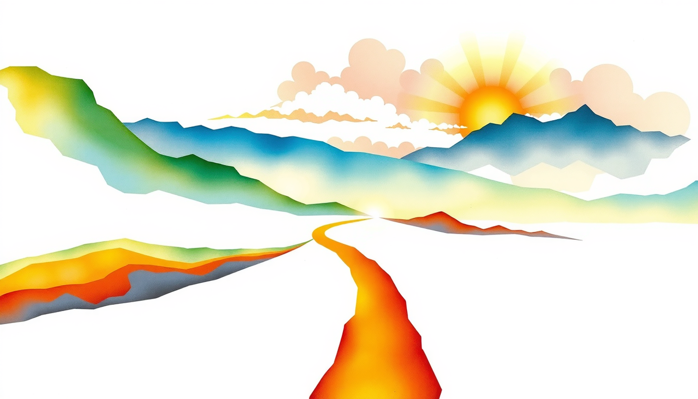 Winding path through a valley of knowledge with glowing milestones.