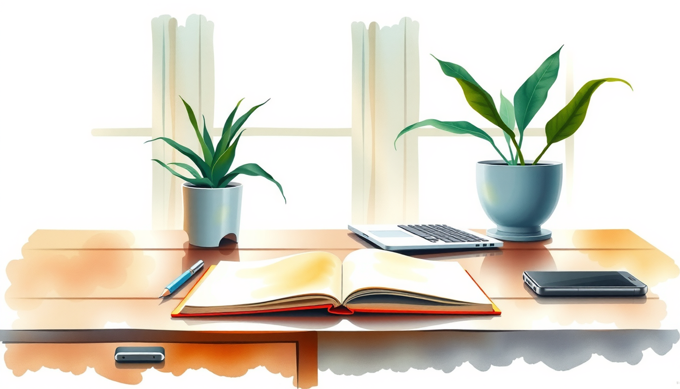 Serene wooden desk with notebook, laptop, and smartphone in soft light.