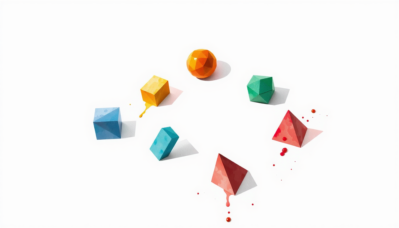 Colorful geometric shapes arranged in a spiral on a white surface.