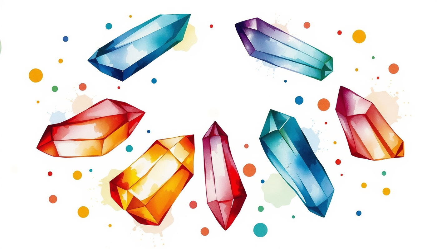 Seven colorful crystals in a circle with golden threads connecting them.