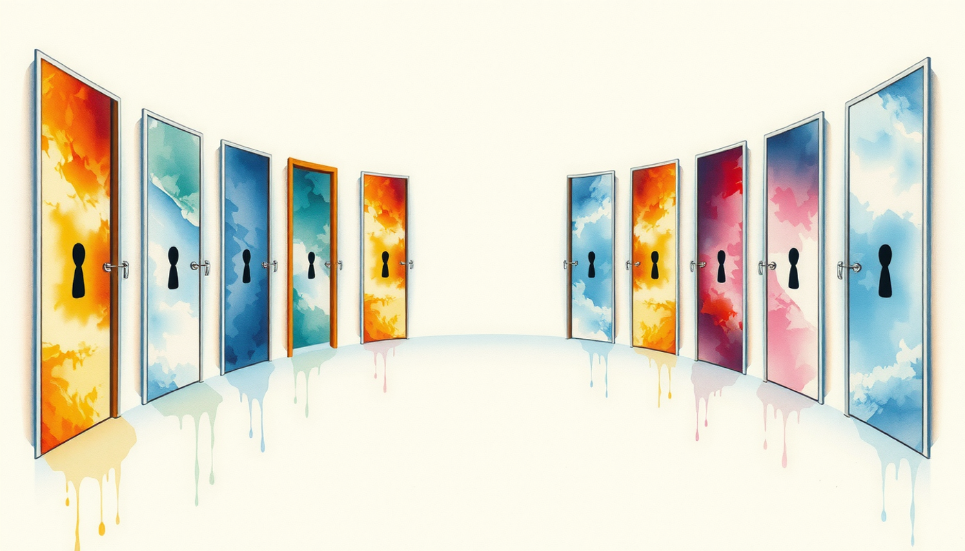 Seven colorful locked doors in a dimly lit curved hallway.