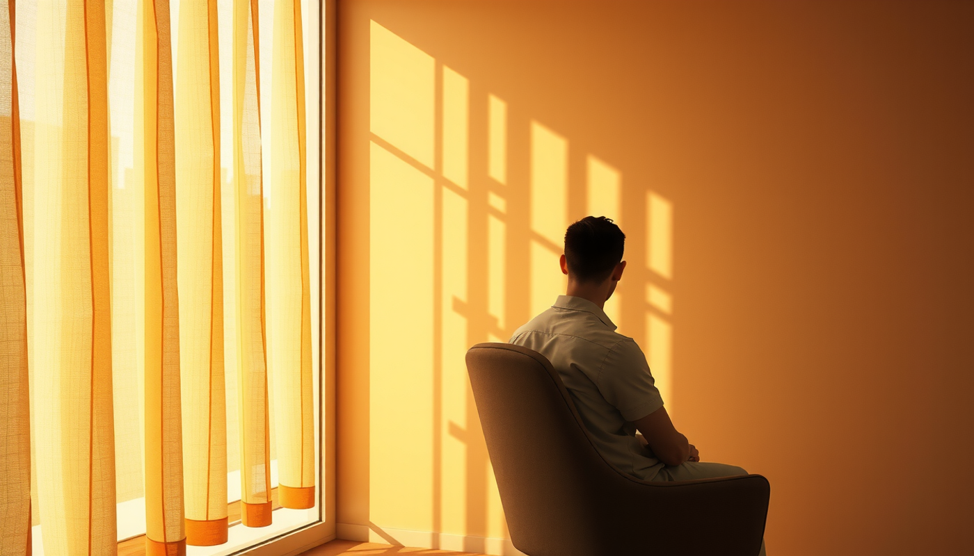 Person in a sunlit room with a contrasting shadow of fear.