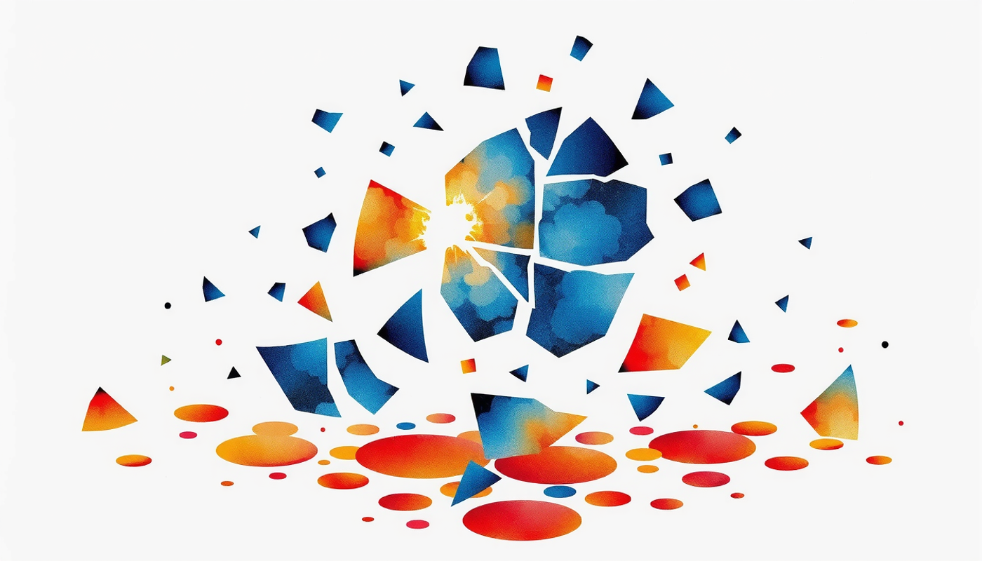 Shattered mirror fragments reflecting distorted light patterns in dark space.