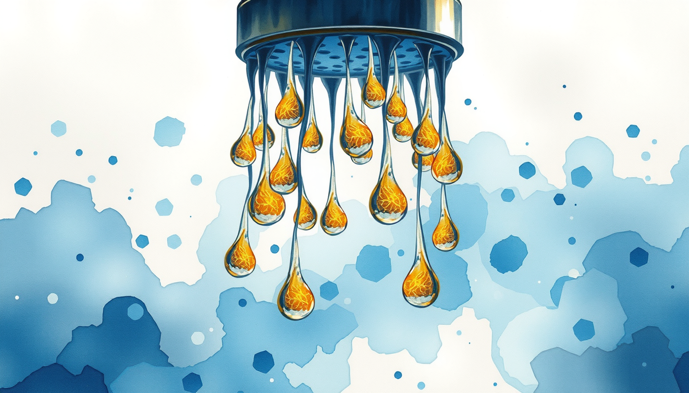 Shower head with glowing synapses in water drops, dreamy blue and gold.