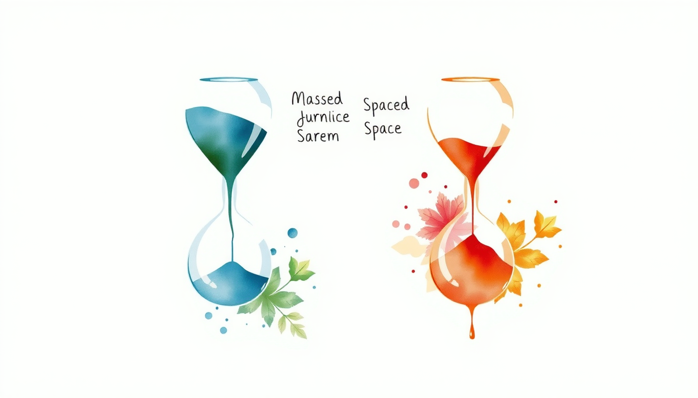 Two hourglasses contrasting massed and spaced practice concepts in warm neutrals.