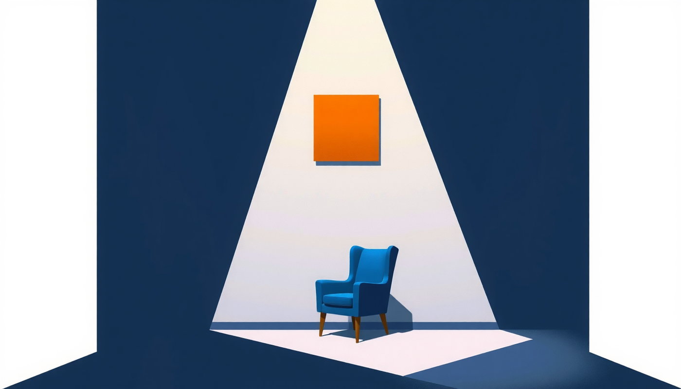 Dark room with a single light ray on a solitary chair.