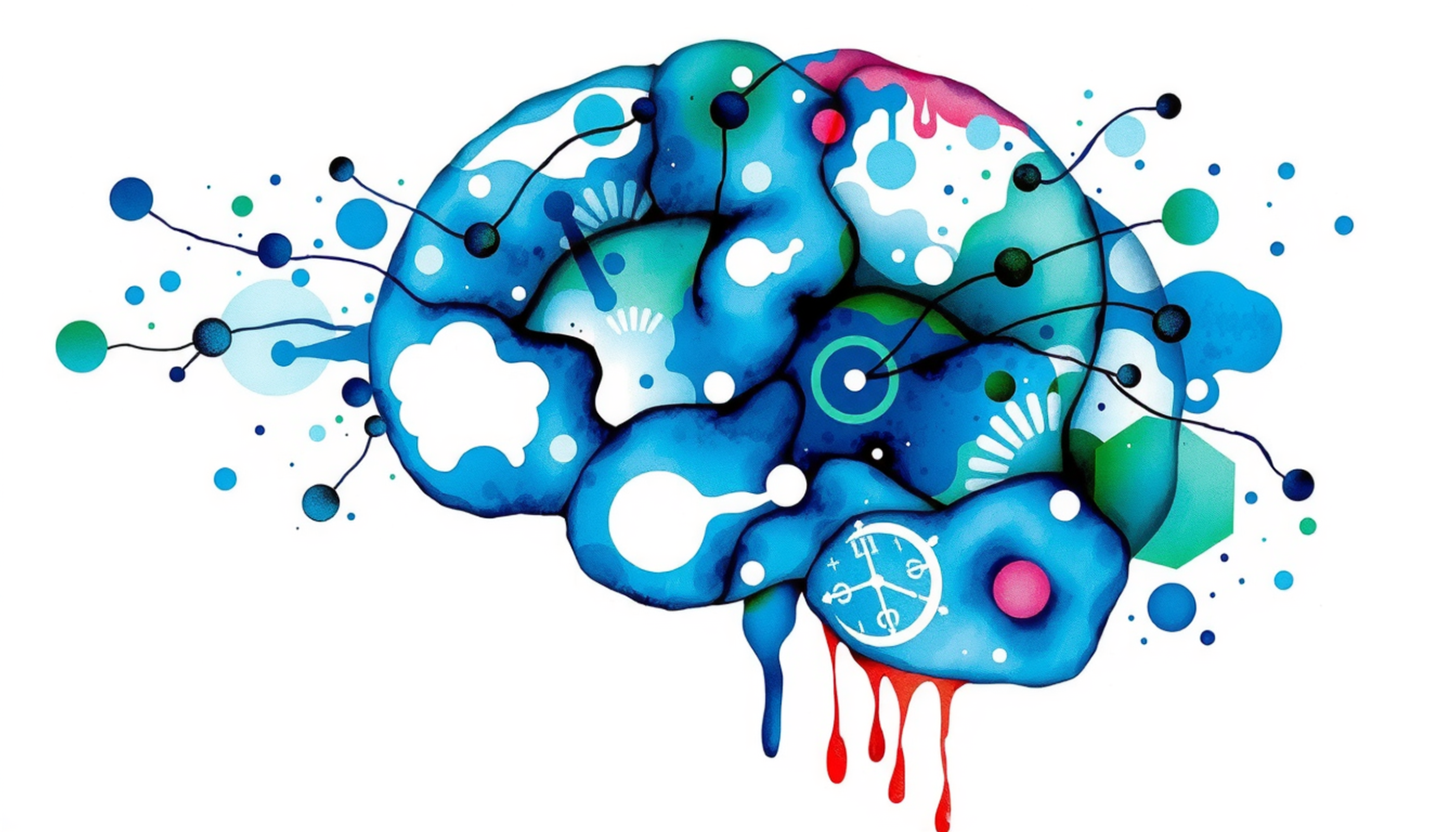 Sleeping brain cross-section with luminous streams of fragmented scenes.