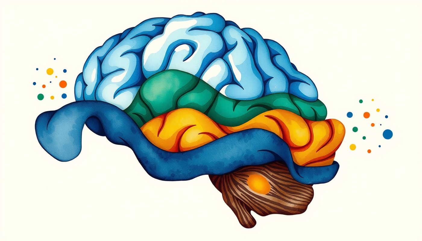 Sleeping brain with layered wave patterns in blue, green, and gold.