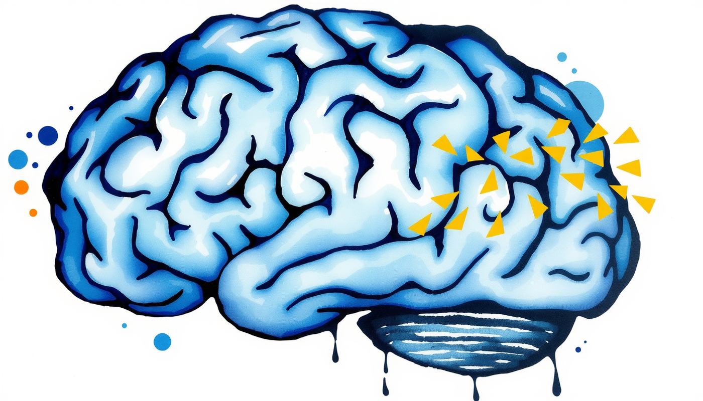 Sleeping brain with blue waves and golden ripples on dark background.